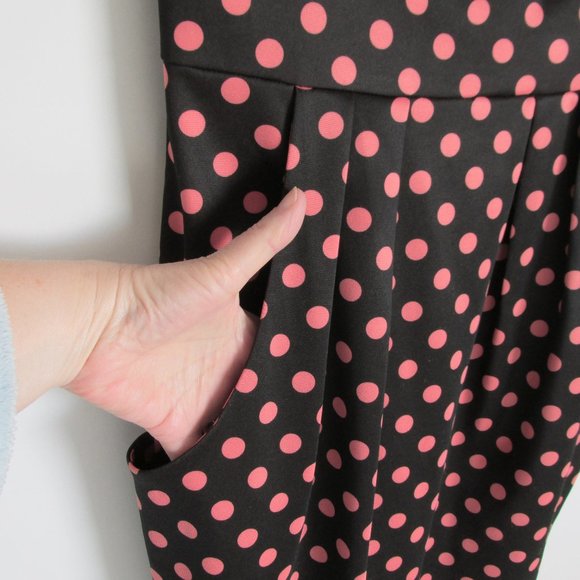 Pink Martini Retro Dress Cowl Neck Cap Sleeve Pinup Black & Pink Polka Dot Dress - Picture 2 of 11